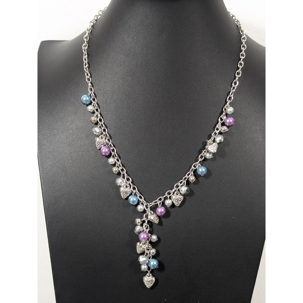 Blue Purple Faux Pearl Heart Charm Cluster Y-Drop Necklace Cha Cha Silver Tone